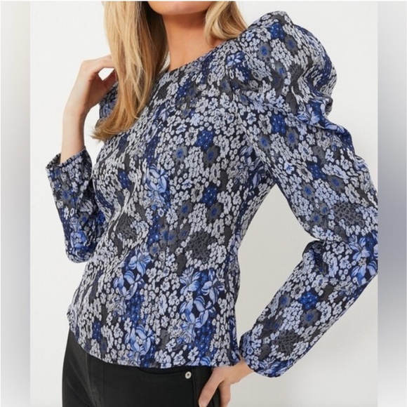 Hyacinth House Priscilla Puff Sleeve Top XS NWT Blue Jacquard Floral Blouse - Picture 1 of 11